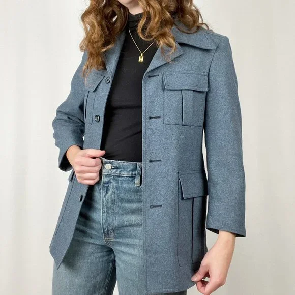 Vintage Oversized Safari Style Long Blazer Jacket Suit Pea Coat Made In Canada - Picture 2 of 7